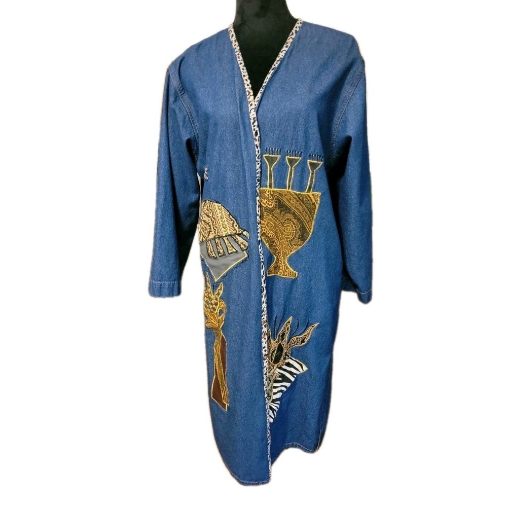 Vintage Pnina Woman African Long Denim Duster Open Front Folk Art Made In India